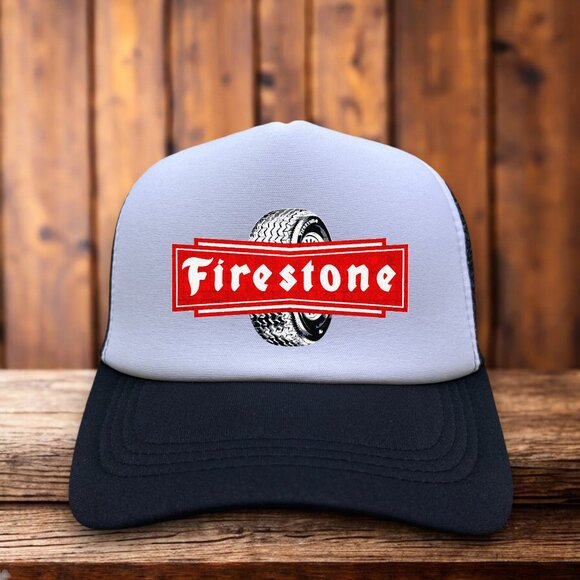 Firestone Tire Mens Trucker Hat Black Snapback Vintage Logo Automobile Ball Cap - Picture 1 of 4